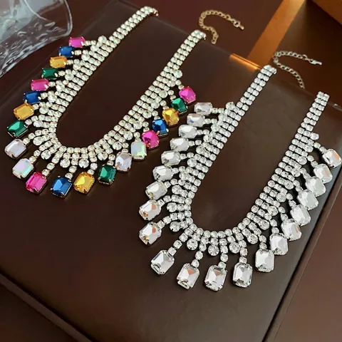Collier Ras Du Cou De Luxe En Cuivre Avec Glands En Cristal Strass Carrés Style Français Bijoux De Fête Élégants Femmes