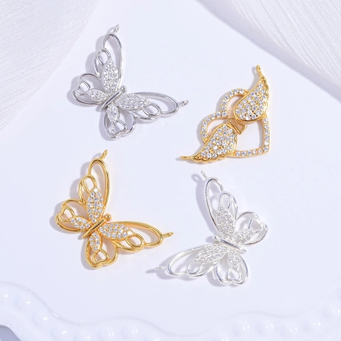 925 Sterling Silver Butterfly Heart Wings Pendant Connector Shiny Cubic Zirconia Double Loops Luxury Jewelry For Women