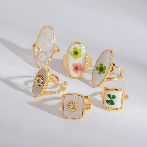 Vintage Böhmisch Edelstahl Verstellbarer Ring Für Damen Gold Galvanisiert Trockenblume Sonne Kleeblatt Muster Mode Schmuck Geschenk