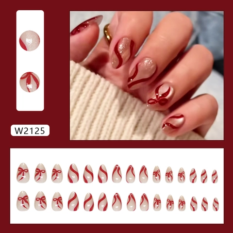 Aufklebbare Nägel Rote Schleife Wellendesign Mandelform ABS Kunststoff Süße Elegante Maniküre Für Frauen