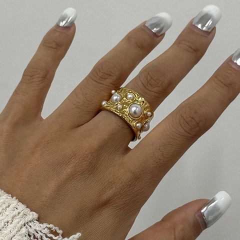 Gehämmert Edelstahl Ring Mit Weißer Muschelperle Retro Breites Offen Verstellbares Band Schmuck Für Damen