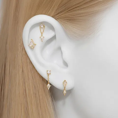 Kite Rhombus Zirconia Chain Tassel Cartilage Stud Earring 925 Sterling Silver Flat Back Threaded Piercing Jewelry Gold