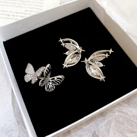 Butterfly Ear Cuff And Stud Earrings Set Alloy Rhinestone With Silver Earring Post Chic Star Design For Women