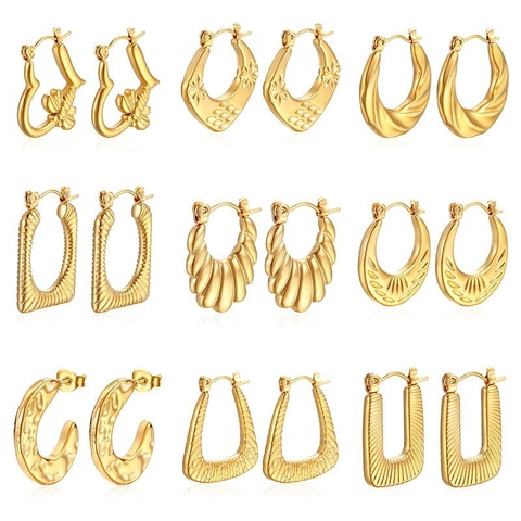 Stainless Steel Earrings 18K Gold Plated Geometric Textured Hoop Stud Vintage Fashion Jewelry For Women Elegant Stylish