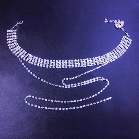 Doppellagige Kupfer Strass Choker Und Lange Y-Form Anhänger Halskette Glänzende Körperkette Mode Schmuck Für Damen Party