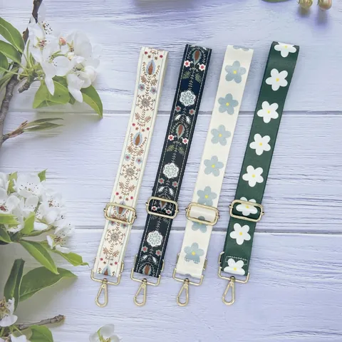 Adjustable Wide Bag Strap Replacement Floral Ethnic Pattern Polyester Webbing Shoulder Crossbody Zinc Alloy Hardware