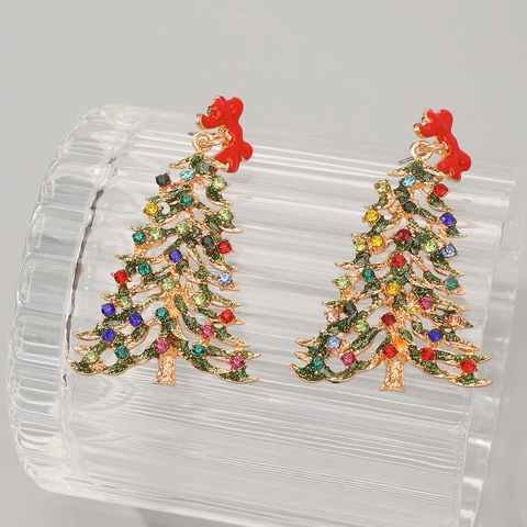Christmas Tree Dangle Earrings Alloy Rhinestones Faux Artificial Pearl Red Bow Festive Jewelry For Women