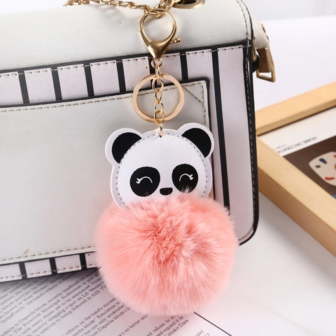 Panda Plüschball Schlüsselanhänger PU Leder Cartoon Tier Kunstpelz Pompom Tasche Anhänger Auto Dekoration Für Frauen