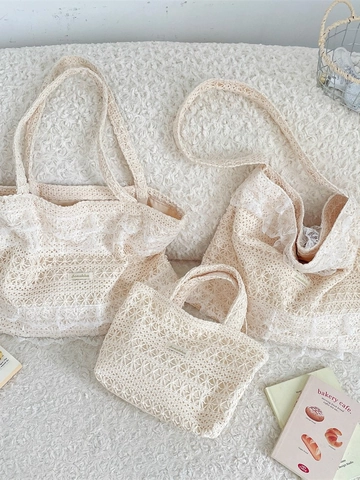 Gehaakte Kant Tote Bag Voor Dames Grote Capaciteit Hol Bloemen Gebreide Schoudertas Handtas Frans Retro Strand Vakantie