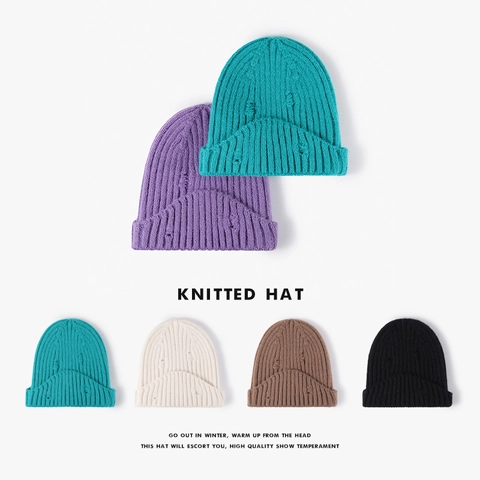 Distressed Gerippte Strickmütze Kunstkaninchenfell Warm Winter Streetwear Umschlag Skull Cap Unisex