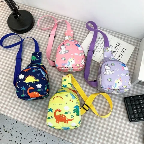 Kids Crossbody Bag Sling Chest Pack Nylon Cartoon Dinosaur Unicorn Print Adjustable Strap For Boys Girls