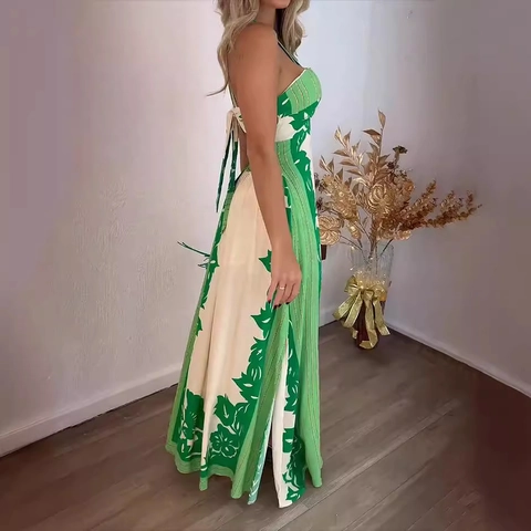 Women Halter Maxi Dress Sleeveless Polyester Floral Leaf Print Color Block Backless Summer Beach Vacation Chic Long Dress