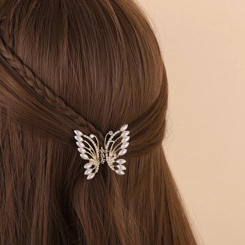 Pinza Para El Cabello De Mariposa Aleación Perla Artificial Diamantes De Imitación Tono Dorado Estilo Elegante
