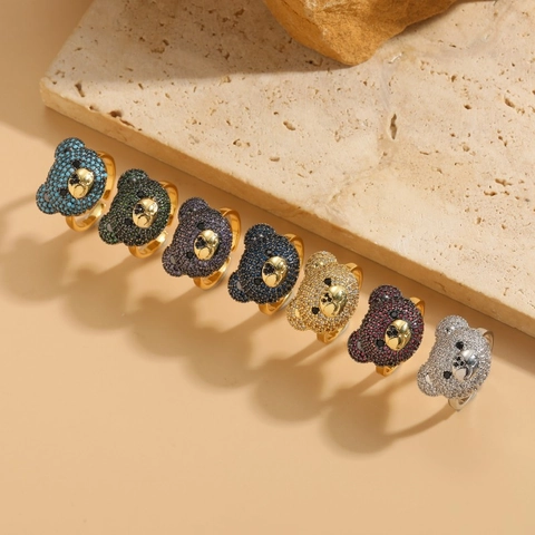Bear Head Open Ring Copper Cubic Zirconia Adjustable Finger Jewelry Ins Style Luxury Fashion For Women