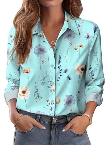 Dames Blouse Met Lange Mouwen Revers Button Down Polyester Bedrukt Casual Elegant Shirt Tops