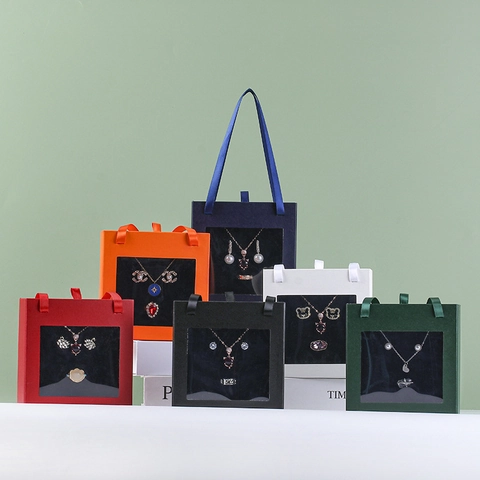 Drawer Jewelry Box With Transparent Window Portable Ribbon Handle Cardboard Gift Packaging For Necklace Ring Earring