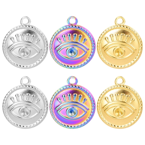 Colgante Ojo Turco De Acero Inoxidable Redondo Textura Chapado En Oro 18K Accesorio Joyería DIY Para Mujeres