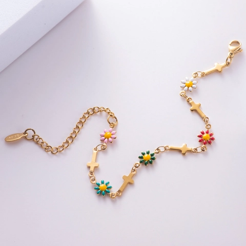 Titanium Steel Gold Plated Bracelet For Women Men Colorful Daisy Flower Cross Charm Enamel Link Chain Fashion Jewelry Gift
