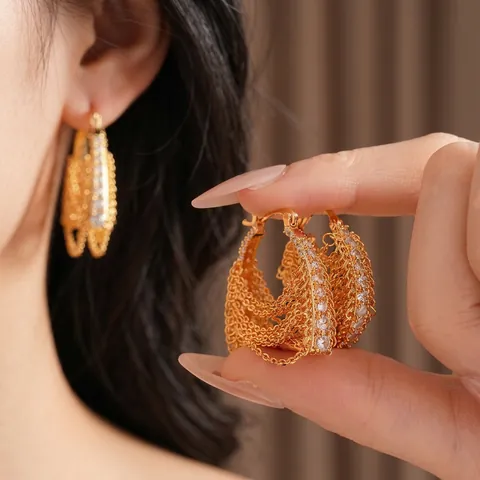 Gold Plated Copper Zircon Huggie Earrings Geometric Chain Fringe With Silver Earring Post Fashion Jewelry Women