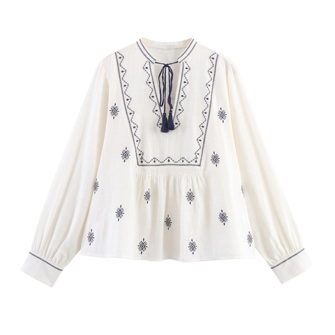 Dames Boho Geborduurde Blouse Lange Mouwen V-Hals Kwastje Etnische Stijl Off White Pullover Top