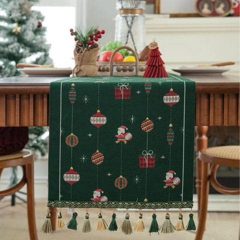 Weihnachts Tischläufer Polyester Jacquard Weihnachtsmann Ornamente Quasten Esszimmer Deko Holiday American Style