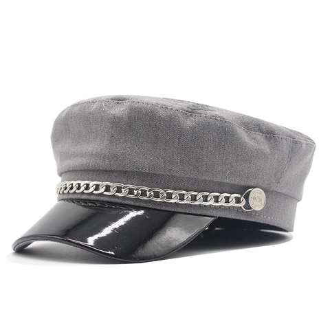 Baker Boy Mütze Damen Baumwollmischung PU-Leder Schirm Newsboy Cap Mit Silberner Metallkette Retro Marine Stil