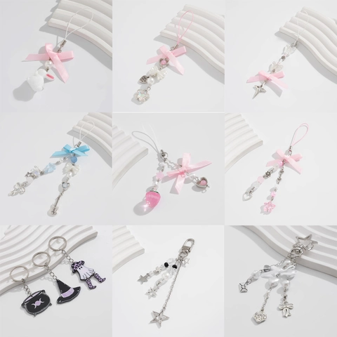 Porte-Clés Nœud Doux Alliage Étoile Künstliche Perle En Verre Fraise Chat Pendentif Gothique Crâne Sac Charme Femmes Filles