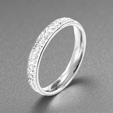 Minimalist Stainless Steel Double Row Rhinestone Eternity Ring For Women Fashion Unisex Band Ring US Size 5-11 Jewelry Gift
