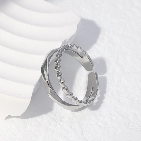 Stainless Steel Ring Double Layer Wave Bead Chain Design Adjustable Open Geometric Fashion Jewelry For Women