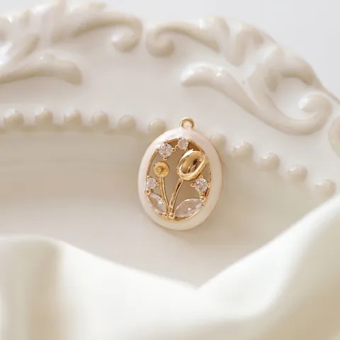Ciondoli Ovali Fiore Tulipano Rame Placcato Oro Zircone Smalto Perla Artificial Sintetica Cavo DIY Risultati Gioielli Retrò