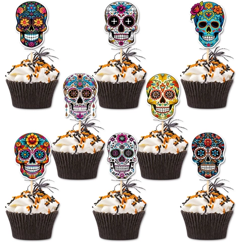 Day Of The Dead Cake Toppers Colorful Sugar Skull Mexican Theme Cardstock Bamboo Sticks Dessert Fruit Picks Party Decoration