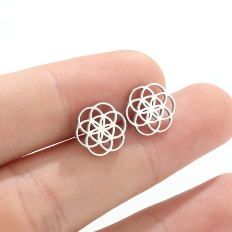 Hollow Flower Stud Earrings Edelstahl Geometrisches Lebenssamen Rundes Muster Koreanischer Stil Süßer Schmuck Für Damen