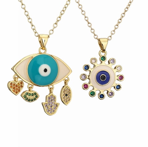 Evil Eye Halskette Für Damen Goldfarben Kupfer Bunte Zirkonia Hamsa Hand Herz Lippen Anhänger Modeschmuck Boho Stil