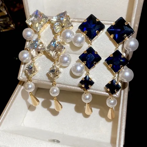 Orecchini Lunghi Pendenti Con Perno In Argento 925 Lega Cristallo Quadrato Perla Artificial Imitazione Geometrico Stile Palazzo Vintage