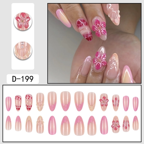 Press On Nägel Rosa Farbverlauf Kurze Mandelform Künstliche Nägel Mit 3D Blumendesign Künstliche Perlen Maniküre Für Frauen