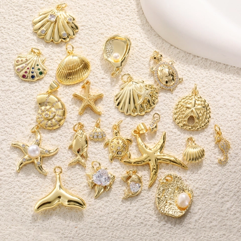 Ocean Marine Charms Pendants Gold Plated Copper Zircon Artificial Pearl Enamel DIY Jewelry Making Necklace Bracelet Earring Nautical