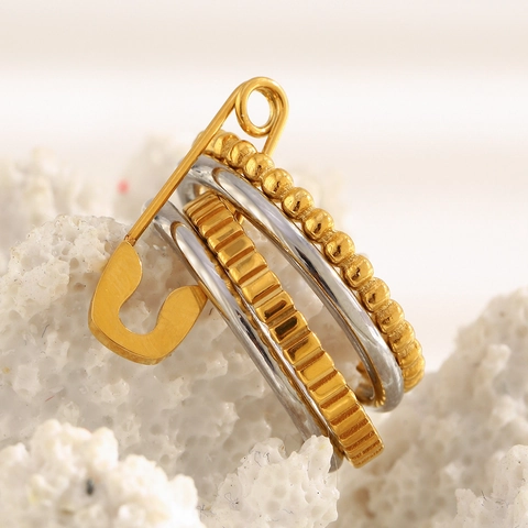 Multi Layer Stacked Ring Stainless Steel 18K Gold Plated Two Tone Safety Pin Charm Industrial Fashion For Women