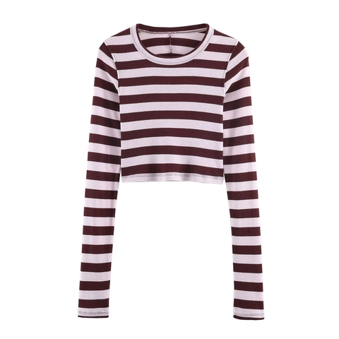Top Crop A Righe Donna Maglia Maniche Lunghe Girocollo Casual Vestibilità Aderente Streetwear T-Shirt