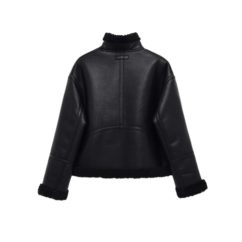 Veste Aviateur Femme En Similicuir Avec Bordure En Peau Lainée Revers Fermeture Éclair Manteau Court