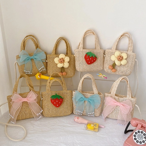 Kids Straw Crossbody Bag Woven Shoulder Handbag Flower Strawberry Artificial Pearl Bow Decor For Girls