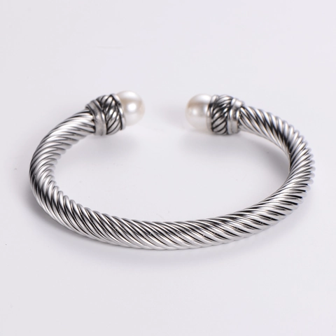 Stainless Steel Cable Twist Open Bangle With Imitation Artificial Pearl Ends Punk Retro Adjustable Bracelet For Men