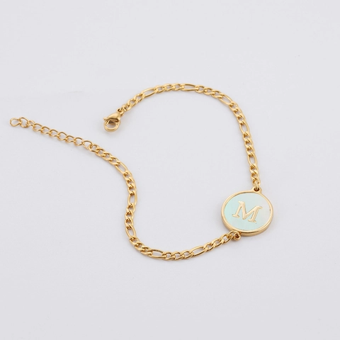 Figaro Chain Bracelet Stainless Steel Gold Plated Initial Letter Round Charm Shell Enamel Jewelry For Women Minimalist