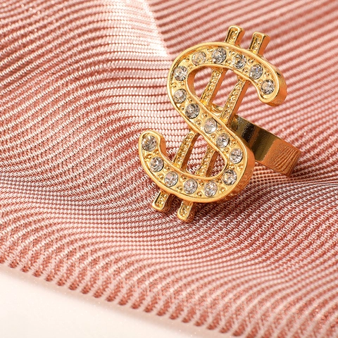 Hip Hop Dollar Sign Pendant Necklace And Ring Rhinestone Iced Out Alloy Gold Silver Color Streetwear Costume Jewelry
