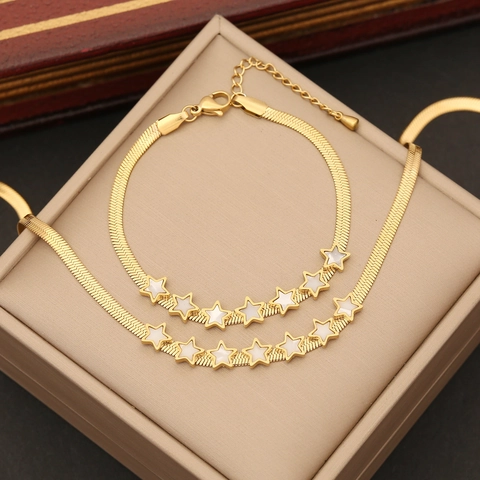 Joyas Estrella Acero Inoxidable Chapado En Oro Cadena Serpiente Collar Pendientes Pulsera Elegante Mujer