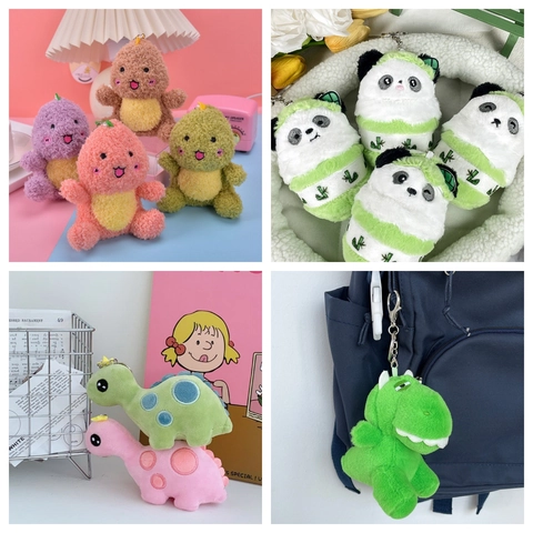 Simpatico Portachiavi in Peluche di Animali dei Cartoni Animati Ciondolo Morbida Bambola di Dinosauro Panda Zaino Ornamento Piccolo Regalo per Bambini Donna