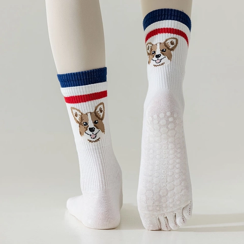 Damen Fünf Finger Yoga Socken Baumwolle Split Toe Anti Rutsch Silikon Griff Cartoon Tier Gestreift Sport Pilates