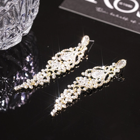 Boucles D'Oreilles Longues À Pampilles En Alliage Strass Avec Tige En Argent Goutte D'Eau Style Palais Mariage Femme