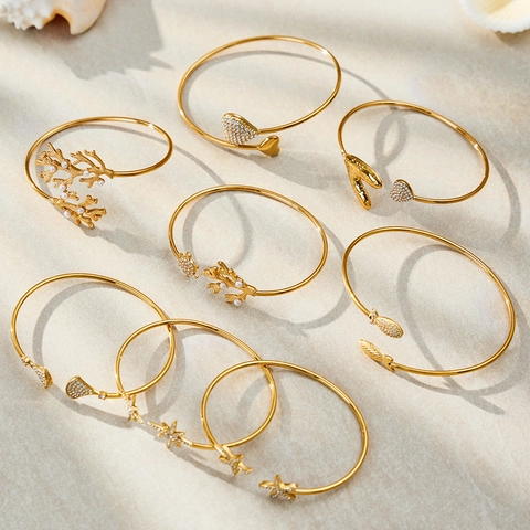Ocean Theme Open Cuff Bangle Stainless Steel 18K Gold Plated Starfish Coral Heart Zircon Shell Artificial Pearl Beach Jewelry Women
