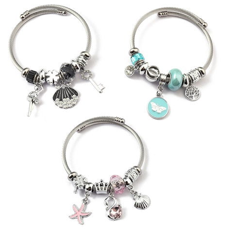 Fashion Charm Bracelet Stainless Steel Cable DIY Crystal Beads Heart Elephant Swan Pendants Women Jewelry