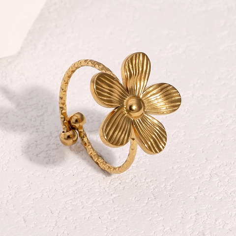 Anillo Abierto De Flor Estilo Francés Acero Inoxidable Chapado En Oro De 18K Ajustable Pétalo Texturizado Joyería Para Mujer